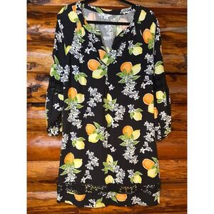Crown & Ivy‎ Black Lemon/Orange Print V-Neck Dress Size XL